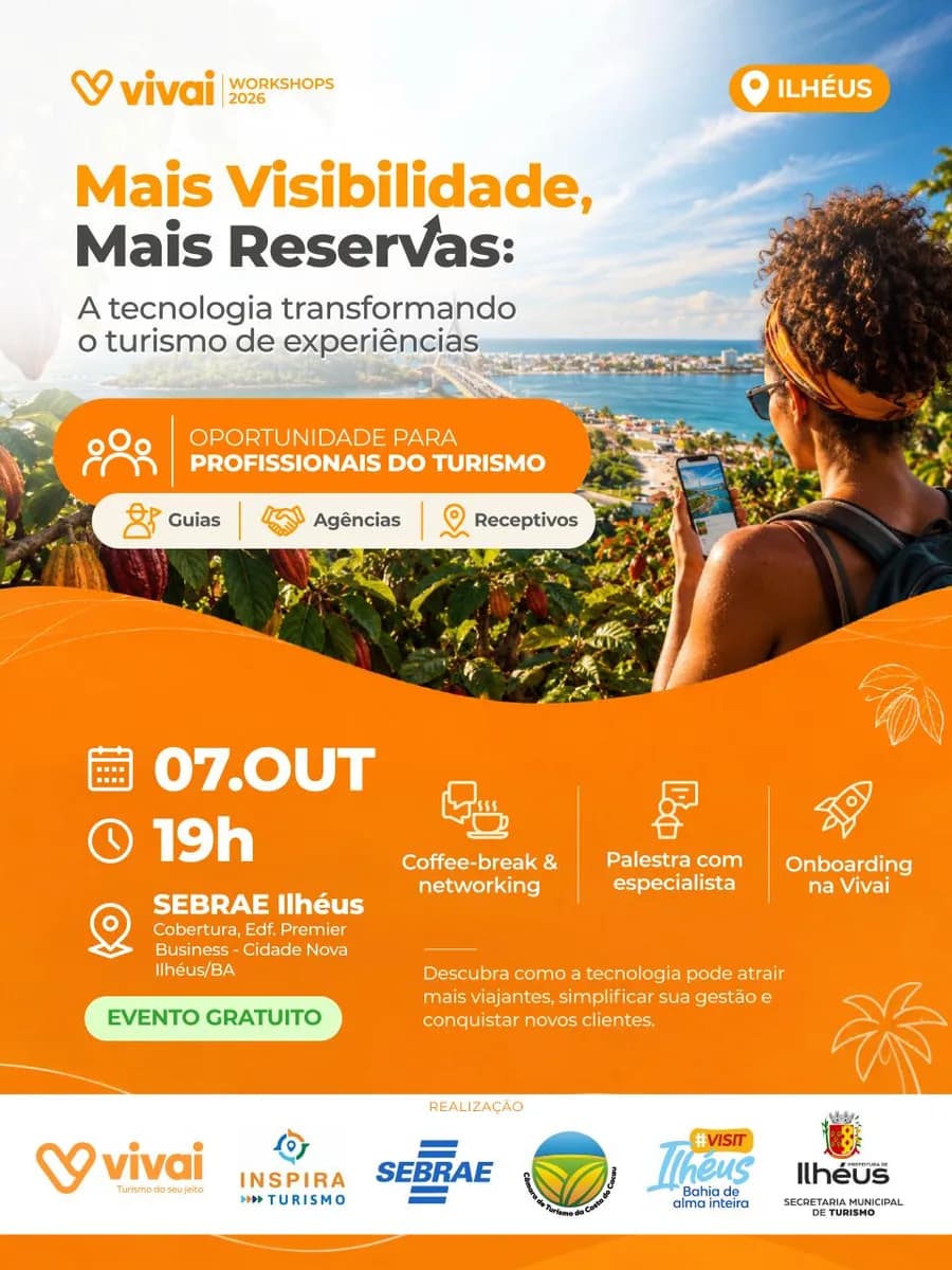 Cartaz do Workshop Vivai em Ilhéus, dia 7 de outubro de 2026, às 19h, no SEBRAE Ilhéus