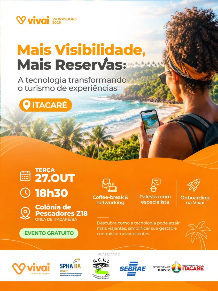 Cartaz do Workshop Vivai em Itacaré, dia 27 de outubro de 2026, às 18h30, na Colônia de Pescadores Z18, Orla de Itacaré